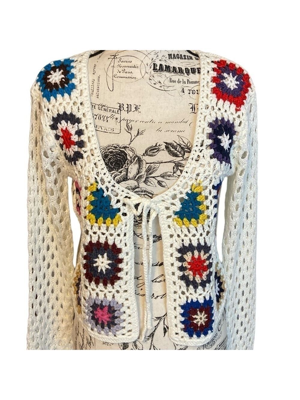 Luna Ivy Juniors Boho Crochet Cardigan Granny Square Cream Multi Size S New